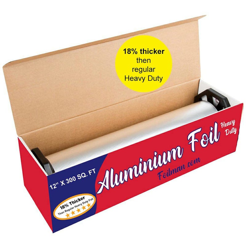 Foilman Thick & Heavy Duty Aluminum Foil Roll with Sturdy Corrugated Cutter Box, Food Safe Cling Wrap for Cooking, Baking, Roasting, Grilling, Freezer Storage - Durable Kitchen Use - 12 in x 300 sq ft - Image 1